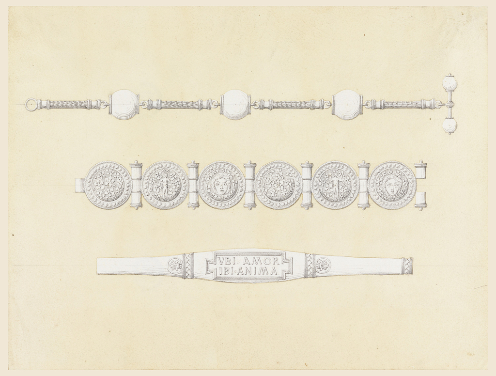 Three jewelry designs, each below the other. The watch chain has three balls connected by thin pieces of chain. The first bracelet has six sheild-like disks connected by joints. The second bracelet has a center section inscribed "VBI AMOR / IBI ANIMA."