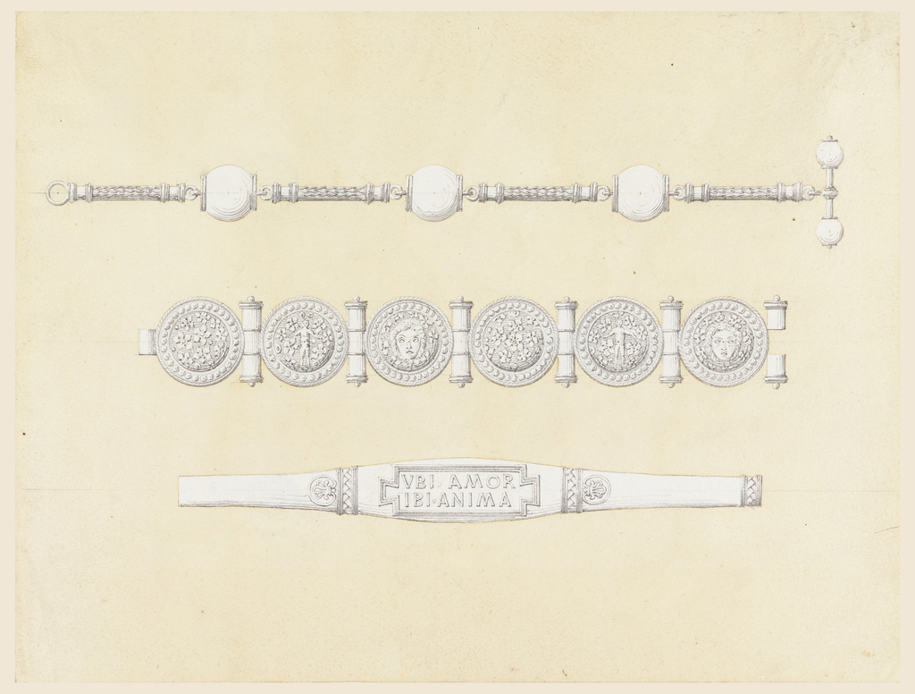 Three jewelry designs, each below the other. The watch chain has three balls connected by thin pieces of chain. The first bracelet has six sheild-like disks connected by joints. The second bracelet has a center section inscribed "VBI AMOR / IBI ANIMA."