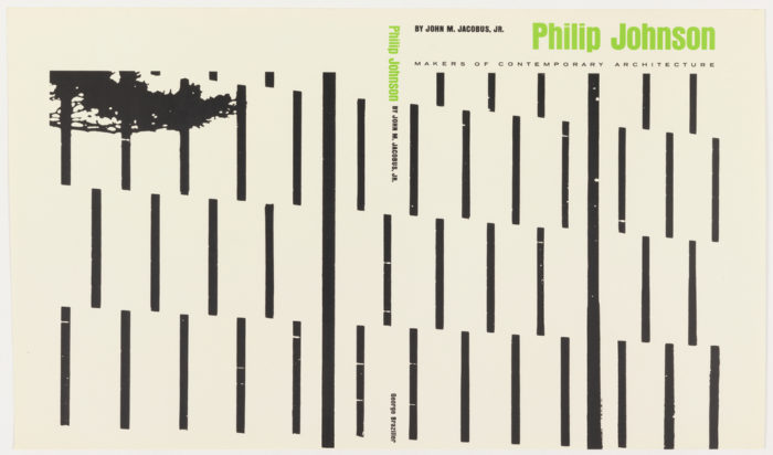 Both covers have a series of vertical lines and dashes and a single line in black. There are four rows of dashes. The authors and title imprinted across the top in black and green ink: BY JOHN M. JACOBUS, SR. [black] Philip Johnson [green]/ MAKERS OF CONTEMPORARY ARCHITECTURE; down the center as spine vertically in green and black ink: Phillip Johnson [green] BY JOHN M. JACOBUS, SR. George Braziller [black].