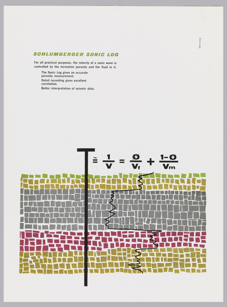 The ad shows blocks of color depicting the earth and a T cutting down through the earth simulating their product. The T is also the first letter of an equation. Under the equation is a line depicting a wave in the earth.