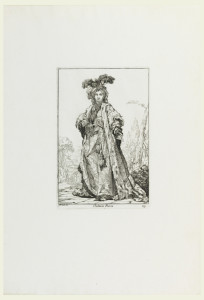 Youth in costume of highest ranking and most richly dressed woman in Turkish court. He wears ermine-trimmed robes, high jeweled and feathered turban, necklace and jeweled tasseled belt. Shown facing frontally, landscape beyond.