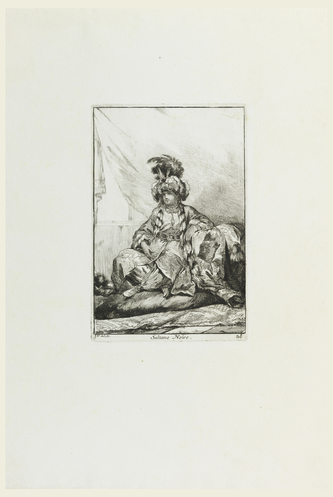 Dark-skinned youth dressed as Turkish Sultana sits cross-legged on mound of rugs and cushions. His cloak edged in fur and wears elaborate turban of feathers and jewels, with more jewels at neck and waist.