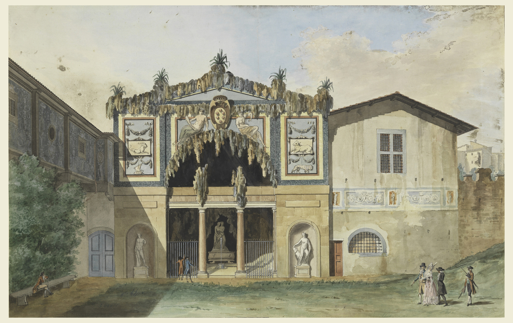 View across a meadow toward a grotto in the Boboli Gardens which features a fountain. The central portal is flanked by sculptures. At left a wall and the corridor leading to the Uffizi. Beneath it, a tree and bench with a figure. At right, a wall with a view of houses in the distance. A group of figures approaches at extreme right.