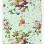 Vining floral pattern. Brightly colored realistically rendered floral bouquets, along with secondary vining pattern in grisaille. Printed on mint green polished or satin ground.