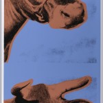 In photographic half-tone enlargement, the head of cow in twice-life-size dimensions. Design is repeated vertically. Printed in coral and black on deep blue background.