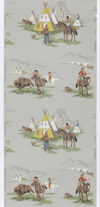 Children's or boys paper. Contains scenes of the wild West including Indians shooting buffalo, a cowboy on horse leading a wagon train, and a teepee. Printed in red, slate blue, green, brown, yellow, and white on a grey ground.