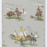 Children's or boys paper. Contains scenes of the wild West including Indians shooting buffalo, a cowboy on horse leading a wagon train, and a teepee. Printed in red, slate blue, green, brown, yellow, and white on a grey ground.