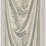 Drapery swag in imitation of silk satin. Printed in grisaille with pale yellow highlights on a gray ground.