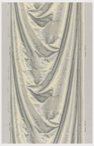 Drapery swag in imitation of silk satin. Printed in grisaille with pale yellow highlights on a gray ground.