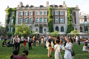 Photo of visitors enjoying Cocktails at Cooper Hewitt in the Arthur Ross Terrace and Garden.
