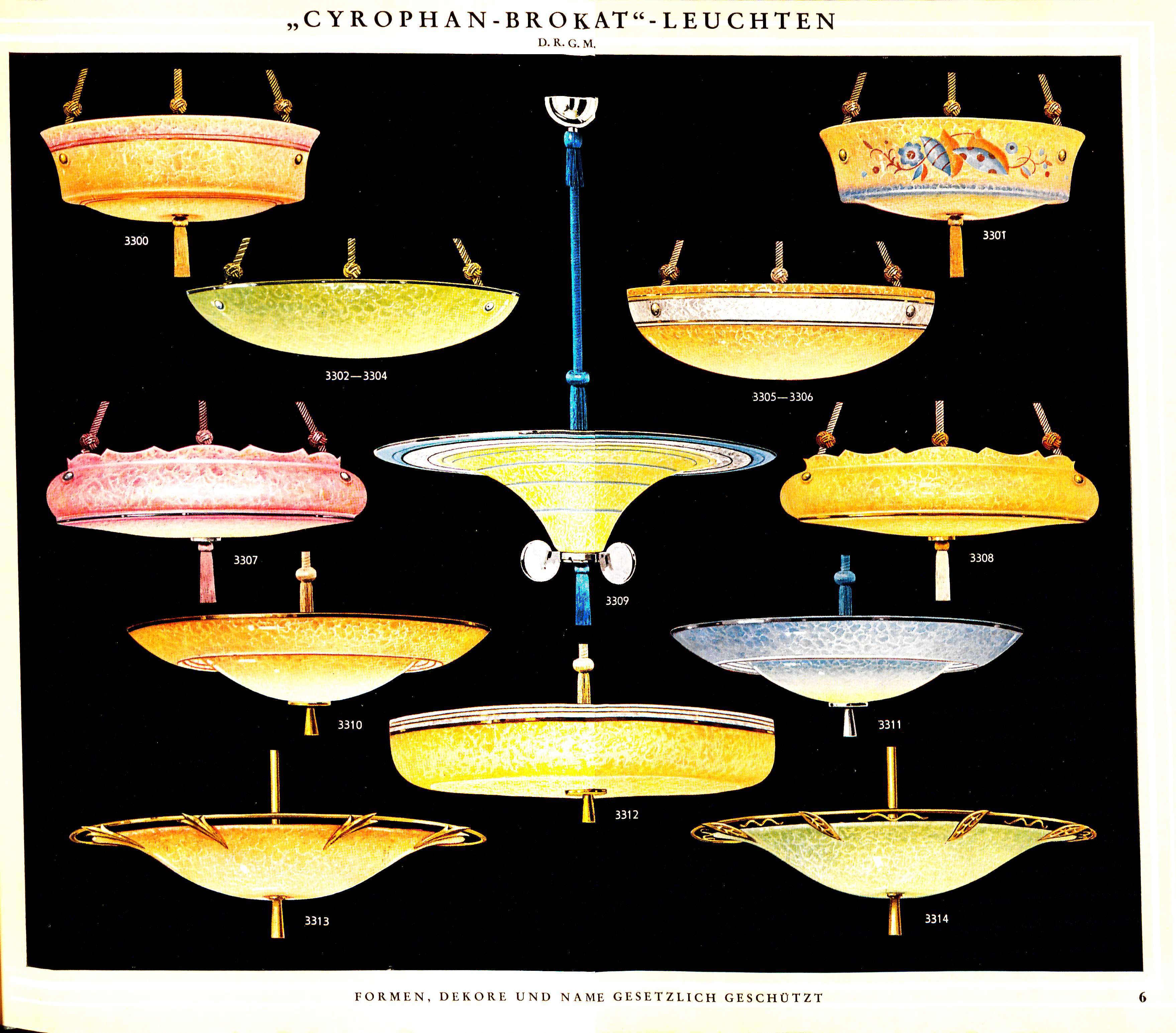 Image features a lighting catalogue page showing hanging lamps with large glass shades in various shapes and colors, all on a black background. Please scroll down to read the blog post about this object.