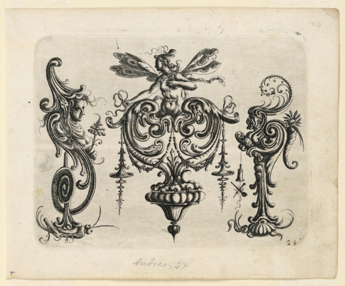 Print, Plate 28, from Neüw Grotteßken Buch (New Grotesque Book), 1610; Designed by Christoph Jamnitzer (German, 1563 - 1618); Germany; engraving on laid paper; Platemark: 14.8 × 18.9 cm (5 13/16 × 7 7/16 in.) 18.5 × 23 cm (7 5/16 × 9 1/16 in.) Mat: 35.6 × 45.7 cm (14 × 18 in.); Museum purchase through gift of the Estate of David Wolfe Bishop; 1957-162-27