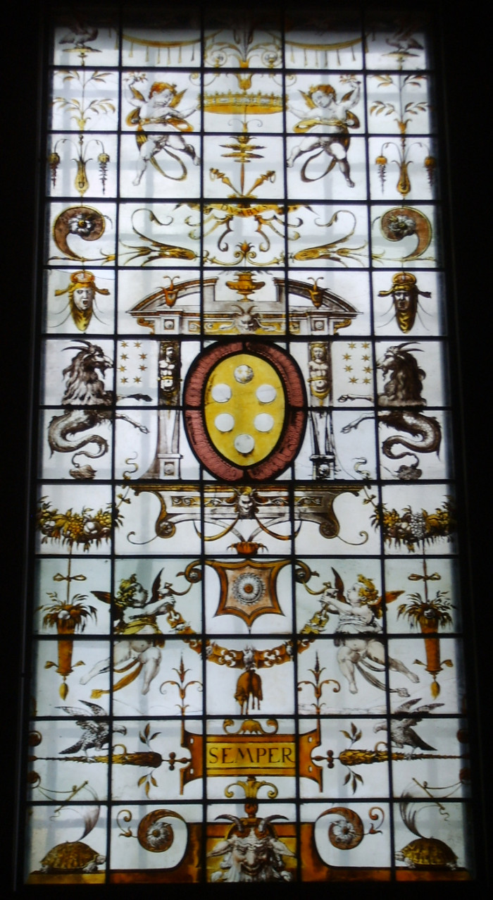 Stained-glass window after Crabeth's drawing, Reading room of the Laurentian Library, Florence