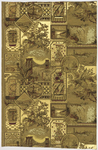 Anglo-Japanesque design. Full width of a paper giving nearly two full repeats of a design composed of larger and smaller enframed motifs: views of Brooklyn Bridge (opened 1883), Niagara Falls, a ferry slip, a Western road, and vases and jars. Printed in greens, browns, red and gold.