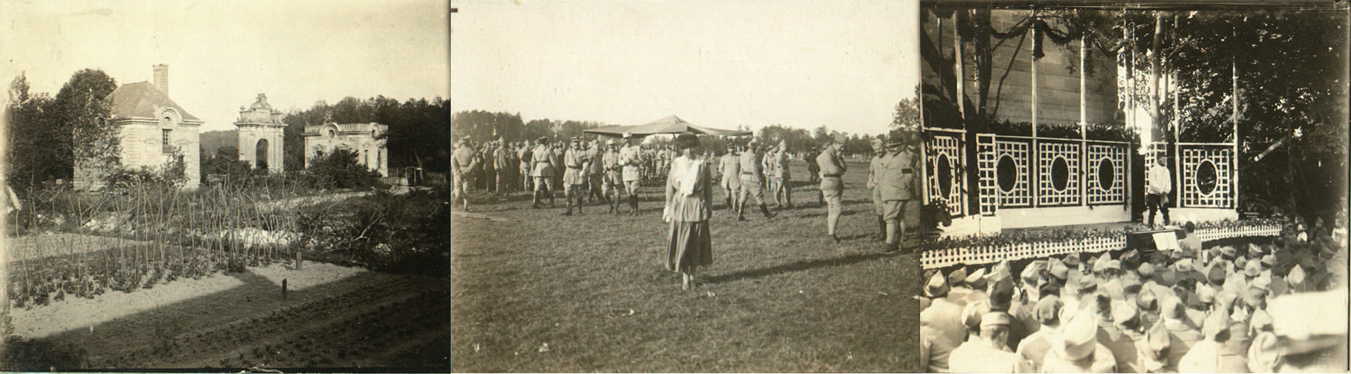 Composite image of four photographs: picturing an estate and garden, a woman at a party, and soliders at an outdoor theater.