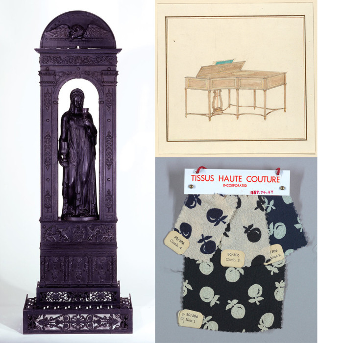 composite of three objects: a radiator in the form of a Greek goddess, a drawing of a piano, and a textile sample book
