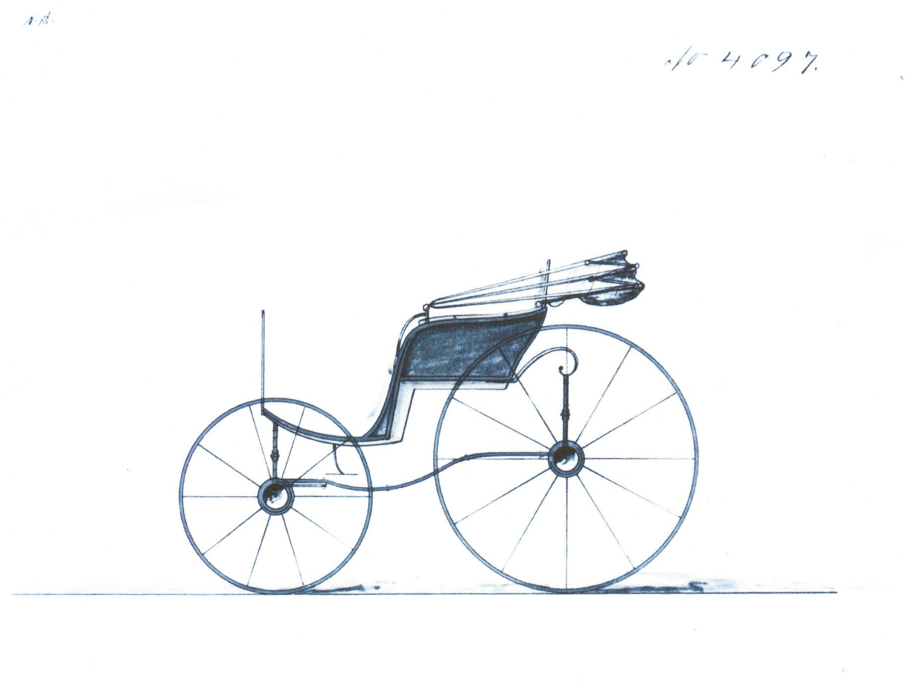 Sketch of a Brewster bell phaeton carriage that Sarah custom ordered with an upgraded suspension system allowing for a smooth ride over bumpy, unpaved carriage roads around Ringwood Manor. The drawing was a draft of the carriage that Sarah approved before any work began on building it.