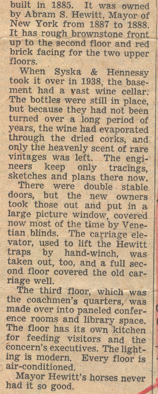 Image from a New York Times article dated March 25, 1957, describing the New York City carriage barn owned by the Hewitts.