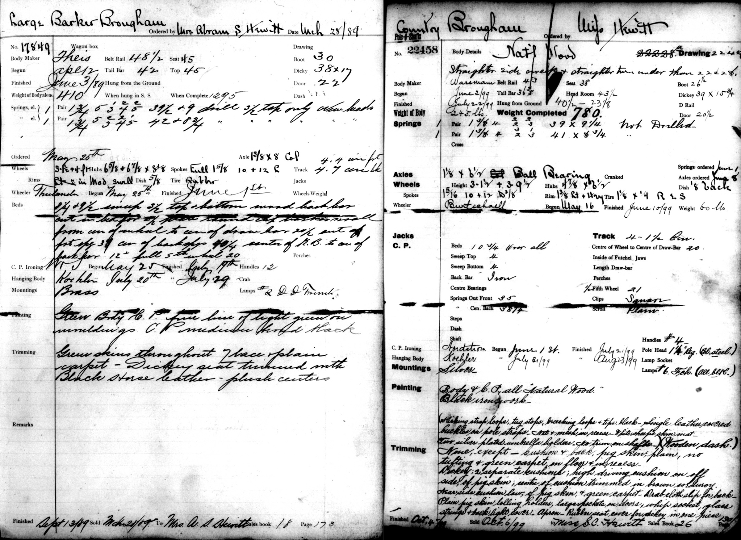 Brewster Carriage Company records showing orders for carriages that Sarah Hewitt purchased in 1889 and 1899. Images courtesy of the New York Public Library.