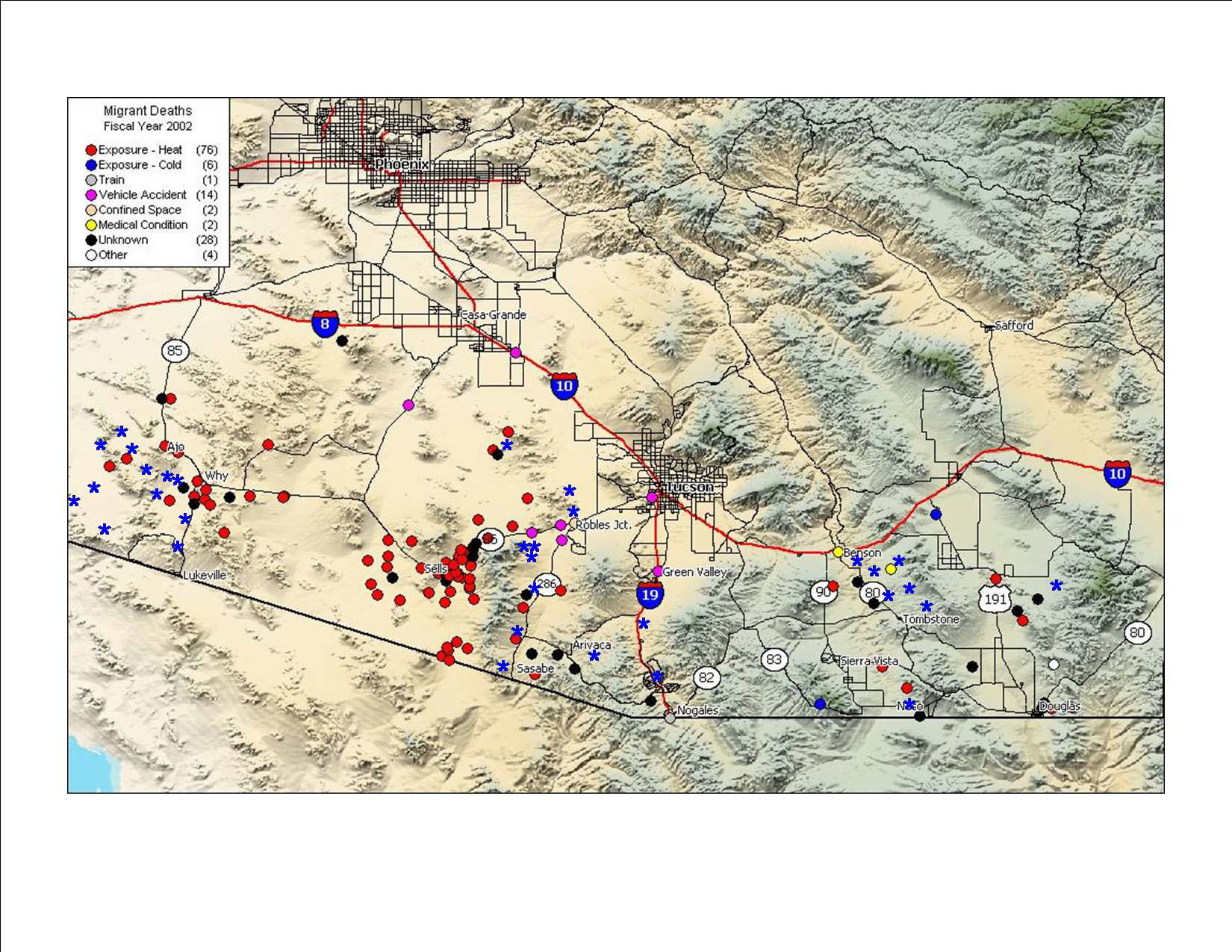 mortality map of Arizona-Mexico border