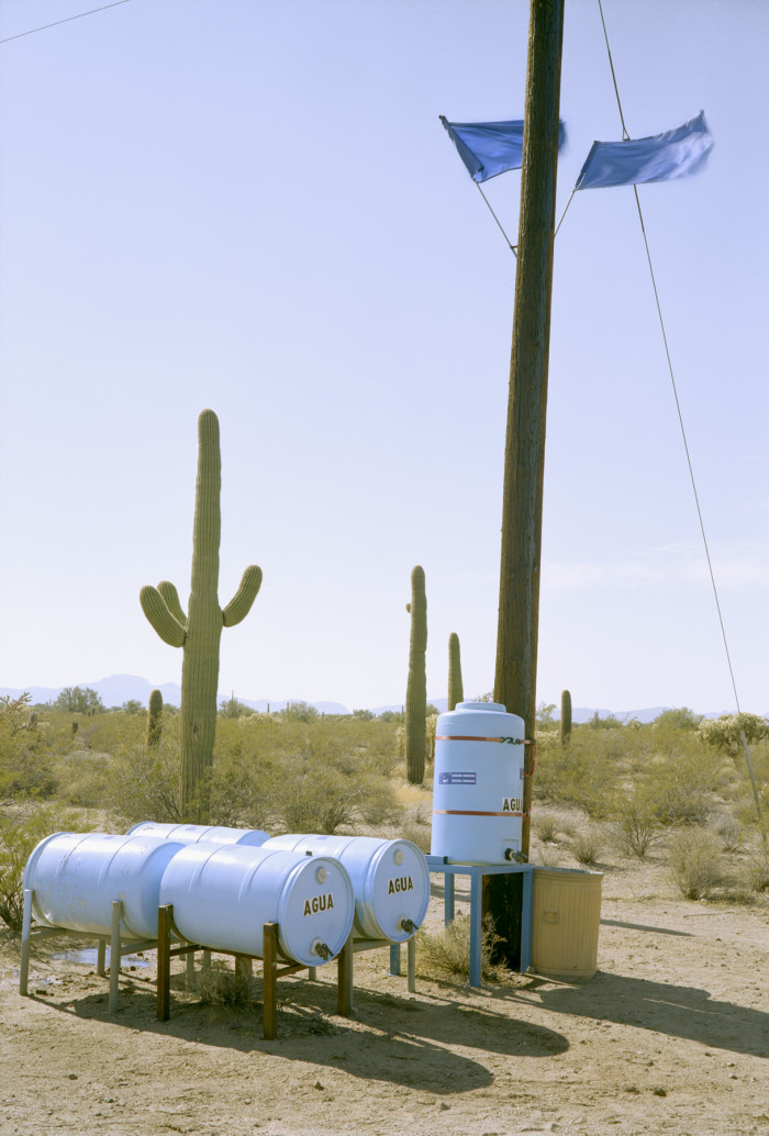 water station with blue flags