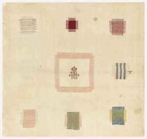 Small square sampler with nine squares of pattern darning in dark red, blue, yellow, and green, centered with an embroidered crown and the inscription A.H.L. Anno 1723, on tan linen fabric.