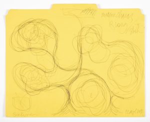 Image features yellow file folder with loose sketch in black ink of the basic form of a garden with pathways. Please scroll down to read the blog post about this object.