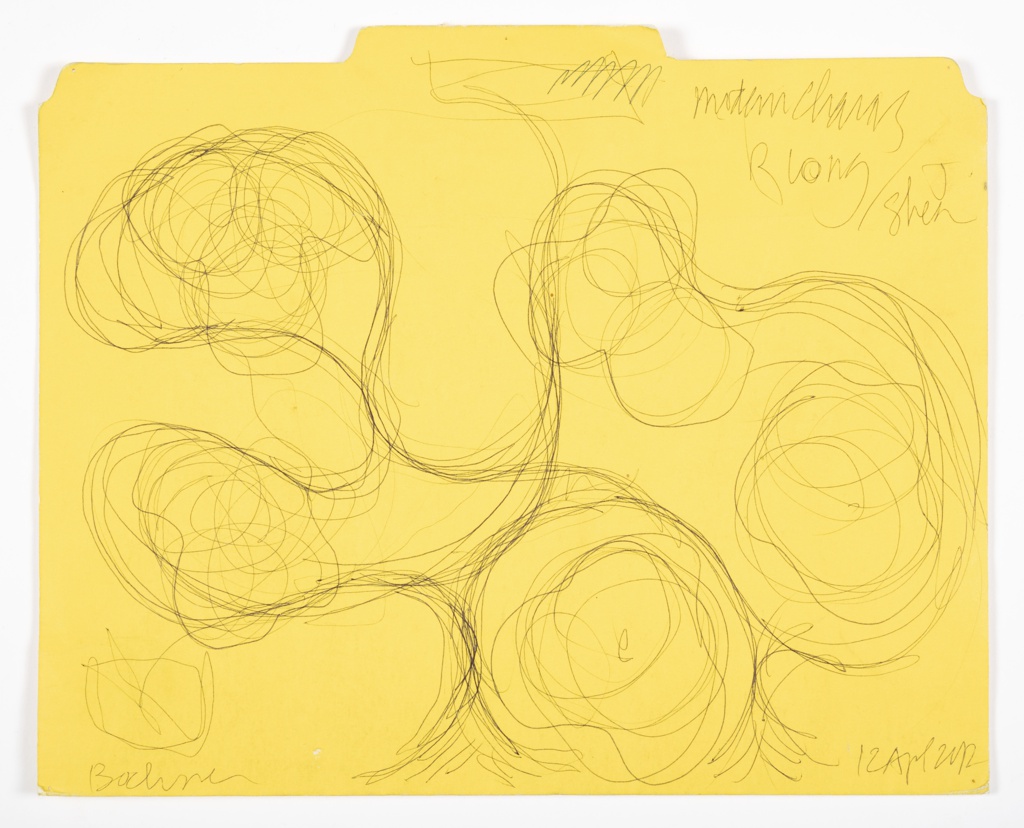 Image features yellow file folder with loose sketch in black ink of the basic form of a garden with pathways. Please scroll down to read the blog post about this object.