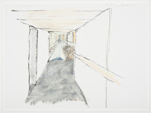 Image features a rough sketch in black, gray, tan, and blue, showing a long corridor that terminates in a view through a window onto a central stone garden. The view highlights the mirrored surface on the opposite side of the garden, which reflects the colors of the sky and landscape, here suggestive of a colorful sunset. Please scroll down to read the blog about this object.