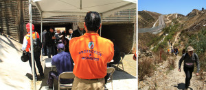 two pictures: one of people getting passports stamped and one of people crossing from the border into Mexico