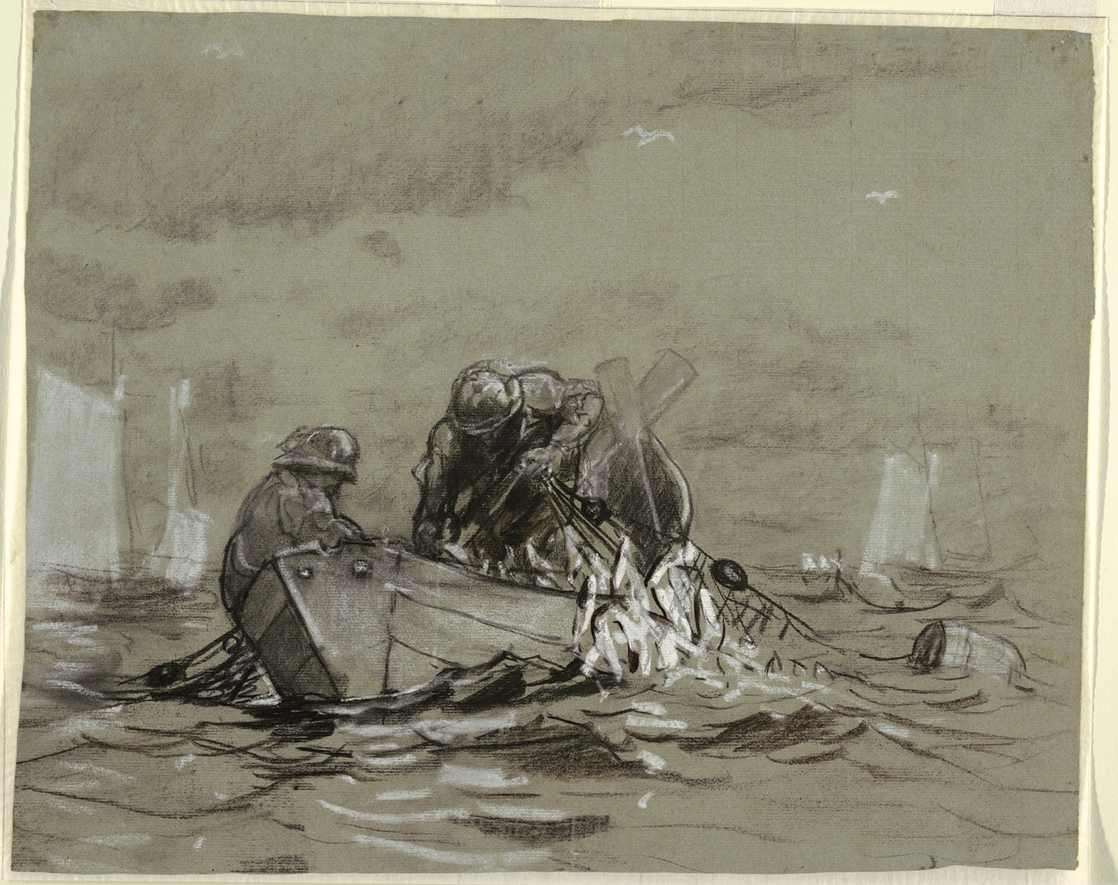 Drawing of two men in a boat fishing with a net