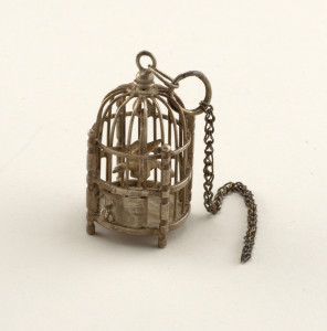 small metal birdcage with a chain