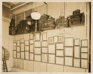 a series of birdcages hanging above a series of drawings and prints in a museum installation