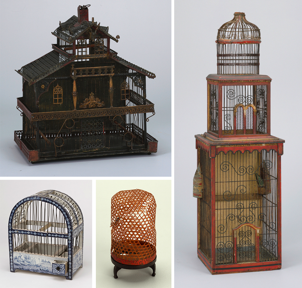 composite image of four birdcages made from various materials