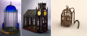 composite image of three birdcages, one made of glass, who resembling a gothic church, and one miniature made of silver