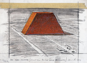 Christo, Abu Dhabi Mastaba (Project for United Arab Emirates); Drawing 1977; 11 3/4 x 15 7/8" (30 x 40.5 cm); Pencil, charcoal, wax crayon and tape; Photo: André Grossmann