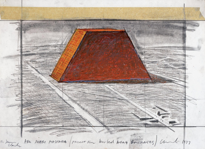 Christo, Abu Dhabi Mastaba (Project for United Arab Emirates); Drawing 1977; 11 3/4 x 15 7/8