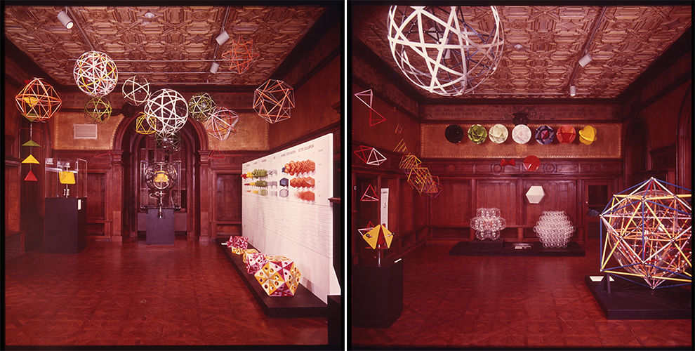 Composite image of two photographs, both picturing an exhibition of geometric structures in a brown wooded room.