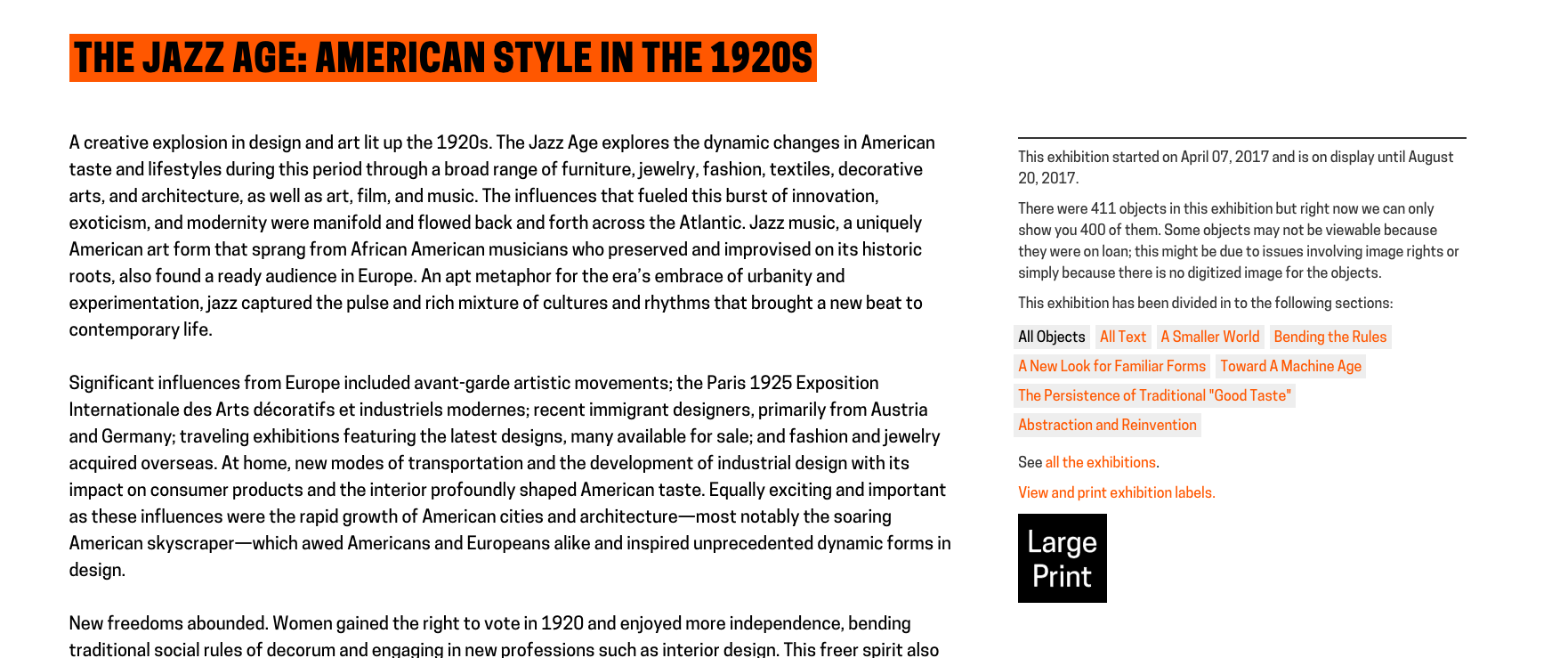 Web screenshot of online large print labels. Top reads exhibition title The Jazz Age: American Style in the 1920s. Below, introductory text is printed, the right includes dates and keywords.
