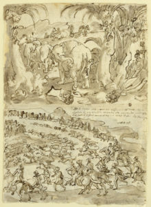 Vertical rectangle. Verso: Elephants being attacked by pigmy-like men equipped with hatchets. In the background sections of the elephant meat are carried off, as the fallen animal is cut up; bottom. Hunt of men on horseback and dogs. Recto: Elephants attacked by serpents, in foreground. In the background Troplodytae cut up and carry off fallen elephants.