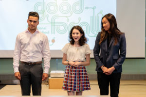 Picture of Tova Kleiner (center) is announced the winner of the National High School Design Competition at Judging Day at Cooper Hewitt on June 4, 2017. Pictured with finalists Rostam Reifschneider (left) and Anne Jang (right)