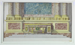 Design for an altar mensa intended to be executed in colored marbles and gilded ornaments. At the lateral pilasters is the coat of arms of a Prince Borghese, united with that of his wife, a Colonna. The front of the sarcophagus is supported by balusters, the upper parts of which are in front of the sarcophagus. Above the balusters, a lion mask with handles. In the middle is an oval of palm branches with a cross. The alternative suggestions refer only to different coloring. The letter "M" is written in the low head piece, "G" in the entablature of the mensa. Three steps. The altar stands in front of the central part of the base of a kind of retable, executed in marble and gilded parts. The retable is marked several times "O," as it is twice in the space of the wall, besides one "N." Only the lower part of the retable is shown, having a central part of marble and two columns on either side.