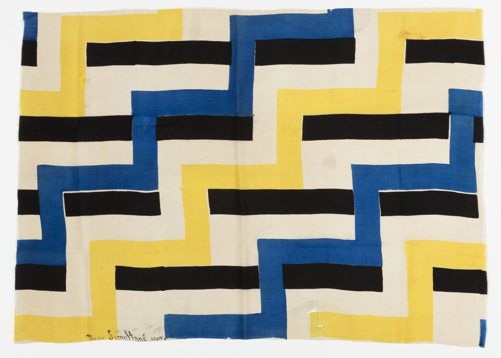 Alternating vibrant yellow and blue lines form staircase-like zigzags diagonally across a cream-colored textile, with horizontal black lines accenting each "stair."