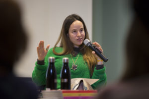 Image of Daniela Villegas, Jewelry Designer, answers a question at Cooper Hewitt DISEÑO lecture series