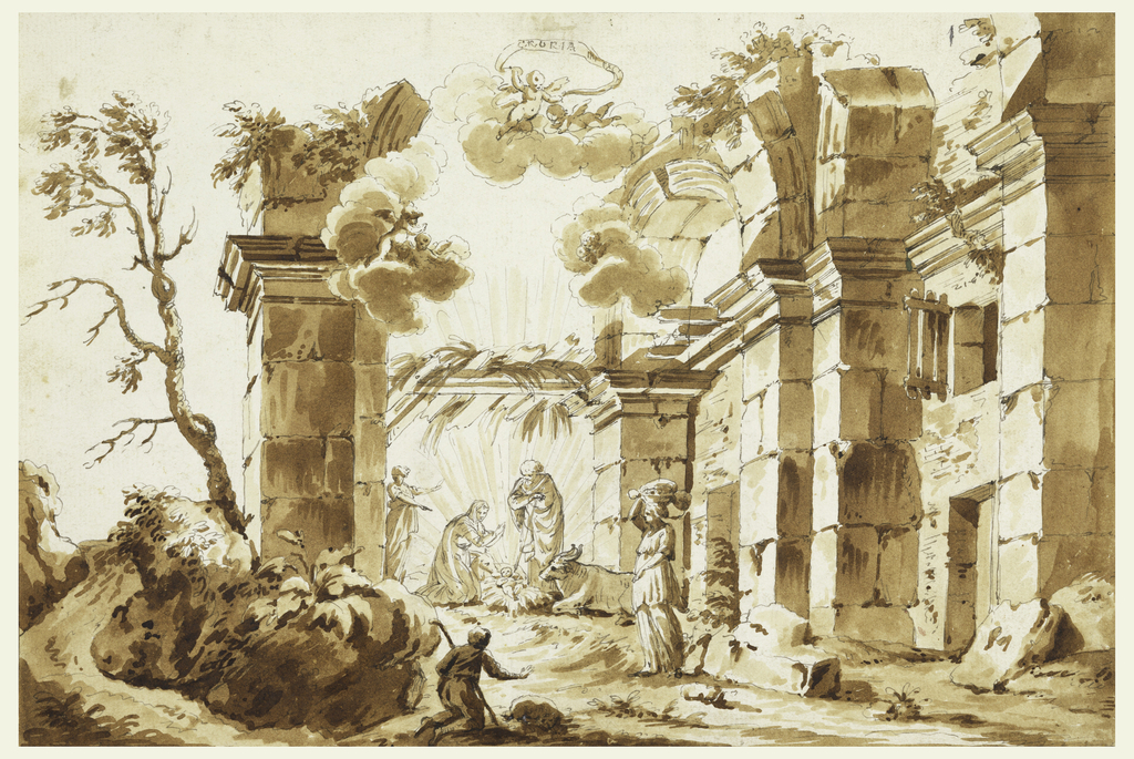 Horizontal rectangle. Architectural ruins, open to the sky, used as setting for the Nativity group, seen near center, middleground. Rays of light rise from the figure of the Child. Shepherd kneels in foreground. Woman with bundle on her head, at right.