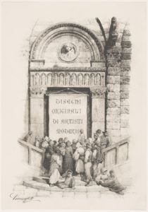 Image of a crowd gazing a large sheet inscribed with intricate typography. The sheet is affixed to a wall surrounded by architectural elements.
