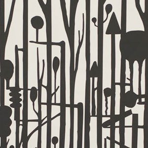 Image features a length of wallpaper printed in black on a light gray ground, showing a stylized rendering of a forest with trees represented as strong vertical lines with periodic circular, oval, and conical masses of foliage. The differing scales and overlapping lines create a shallow sense of depth. Please scroll down to read the blog post about this object.