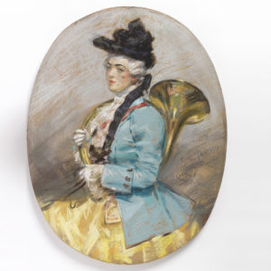 Three quarter protrait of a woman wearing a black hat, facing left. She is dressed in a blue coat, yellow skirt and white jabot. On her right arm she supports a brass hunting horn.