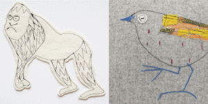 Side by side stitched childlike outline drawings of animals. On the left is a frowning gorilla applique in cream felt with black zigzag stitching detailing hair on its arms, legs, and forehead. On the right is a sparrow on grey felt, with a yellow applique wing, burgundy vertical stitches suggesting feathers on its speckled breast, a blue beak and legs, and a large white eye with a black outline. Both designs are presented the same size ignoring natural scale. The gorilla is cut out of the felt and the sparrow is stitched into the felt.