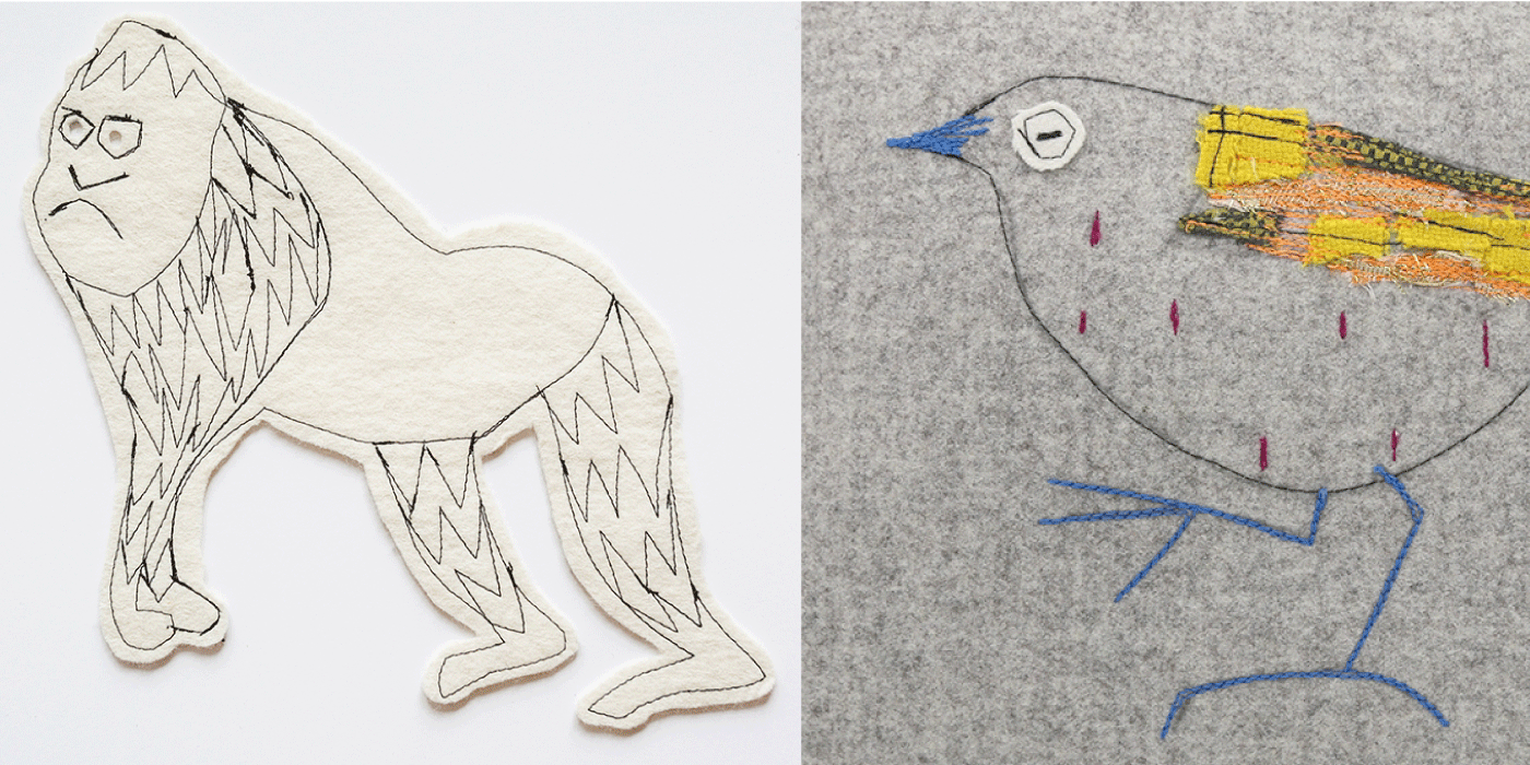 Side by side stitched childlike outline drawings of animals. On the left is a frowning gorilla applique in cream felt with black zigzag stitching detailing hair on its arms, legs, and forehead. On the right is a sparrow on grey felt, with a yellow applique wing, burgundy vertical stitches suggesting feathers on its speckled breast, a blue beak and legs, and a large white eye with a black outline. Both designs are presented the same size ignoring natural scale. The gorilla is cut out of the felt and the sparrow is stitched into the felt.